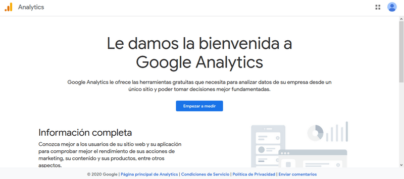 pagina de inicio de google analytics