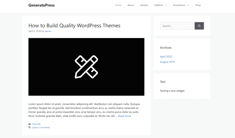 pagina de inicio del tema generatepress